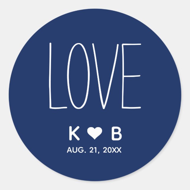 Simple LOVE Navy Blue Wedding Initials Monogram Classic Round Sticker (Front)