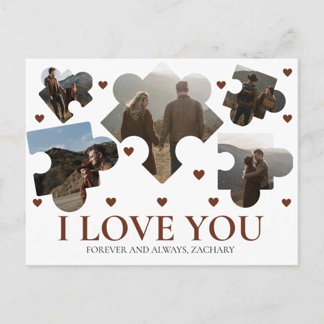 Simple Love Puzzle valentine's day couple 5 photo Holiday Postcard (Front)