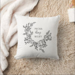 Simple Love Script Botanical Wreath Bride Cushion<br><div class="desc">This romantic bridal pillow features a pretty illustrated botanical wreath with personalised names and trendy love script lettering. This beautiful black and white design is a perfect gift for a bride or girlfriend. Shop this store for coordinating elegant home decor and gifts.</div>