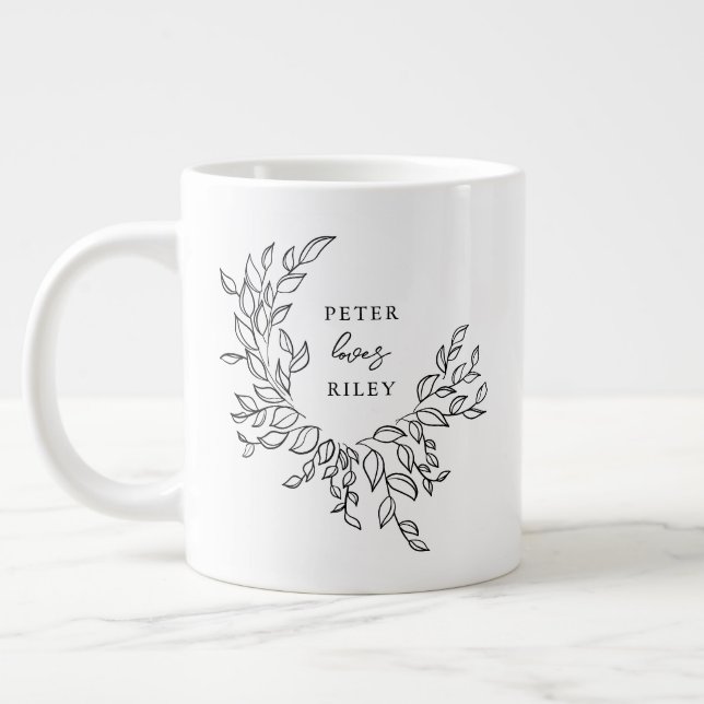 Simple Love Script Botanical Wreath Couples Large Coffee Mug (Left)