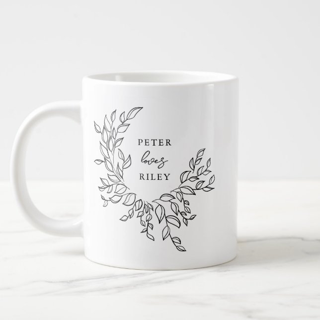 Simple Love Script Botanical Wreath Couples Photo Large Coffee Mug (Left)