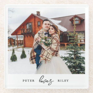 Simple Love Script Personalised Couple Photo  Glass Coaster