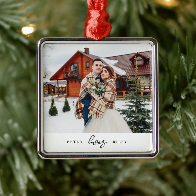 Simple Love Script Personalised Couple Photo  Metal Tree Decoration (Tree)