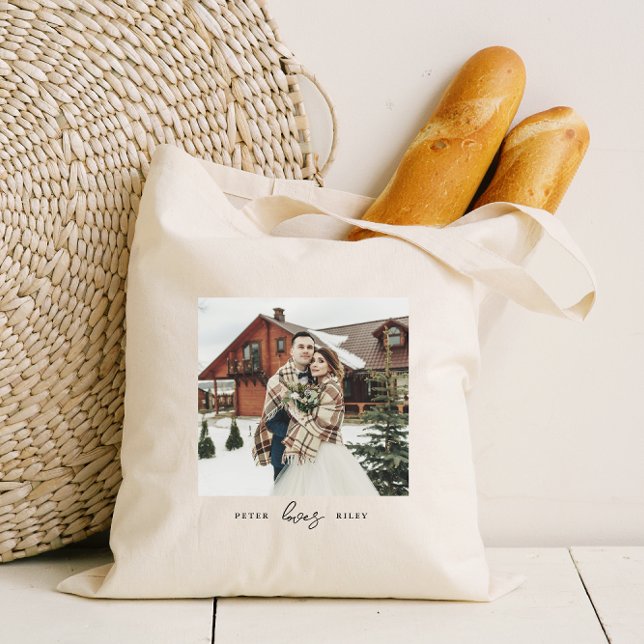 Simple Love Script Personalised Couple Photo  Tote Bag (Creator Uploaded)