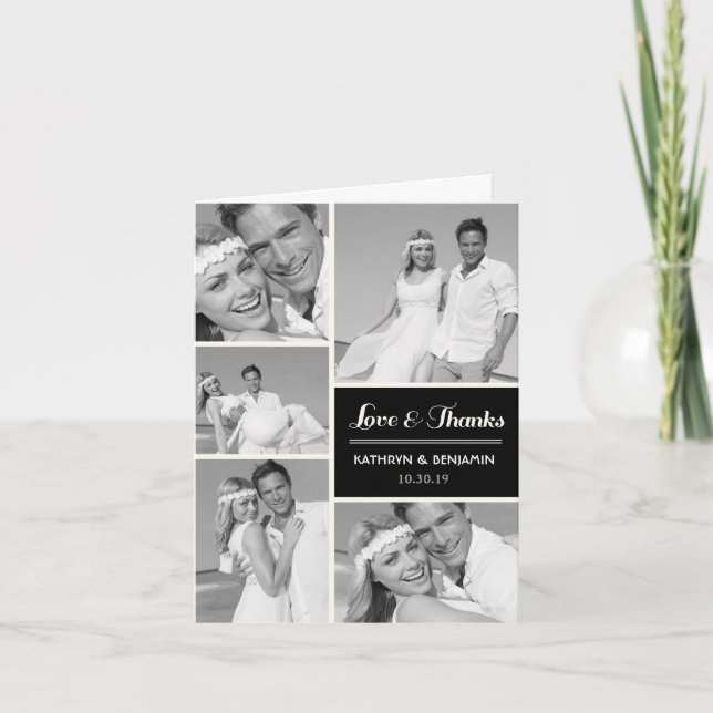 Simple Love & Thanks 5 Multi Photo Modern Wedding Thank You Card (Front)