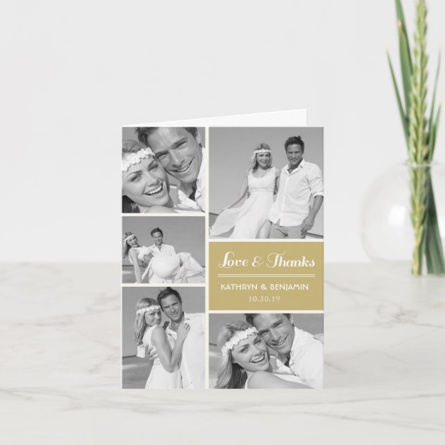 Simple Love & Thanks 5 Multi Photo Modern Wedding Thank You Card (Front)