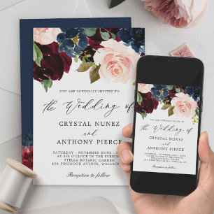 Simple Luxurious Burgundy Navy Floral Wedding Invitation