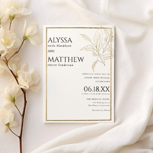 Simple luxury and white gold foliage wedding invitation