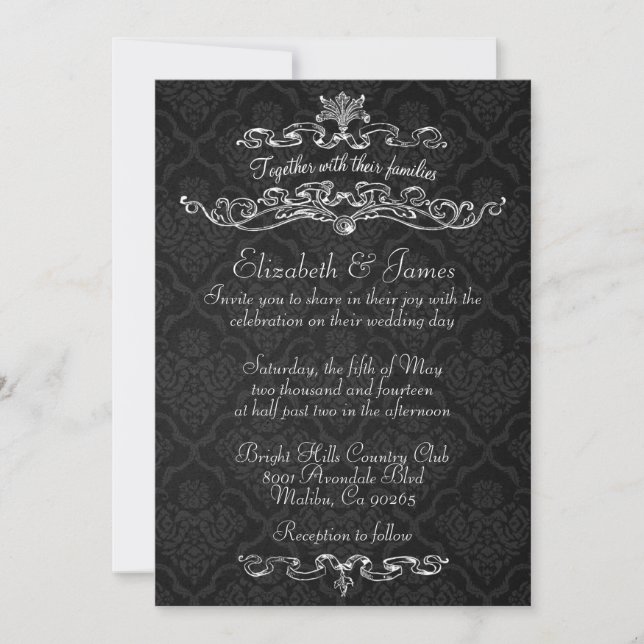 Simple Luxury Black Damask Wedding Invitations (Front)