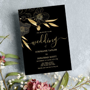 Simple luxury black gold floral elegant wedding  invitation