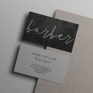 Simple luxury black leather barber silver script business card