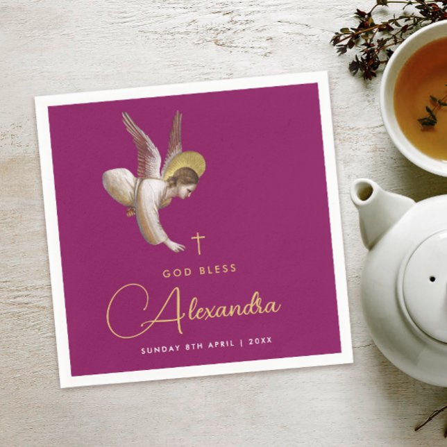 Simple Magenta Gold Angel Bless Religious Script Napkin (Creator Uploaded)