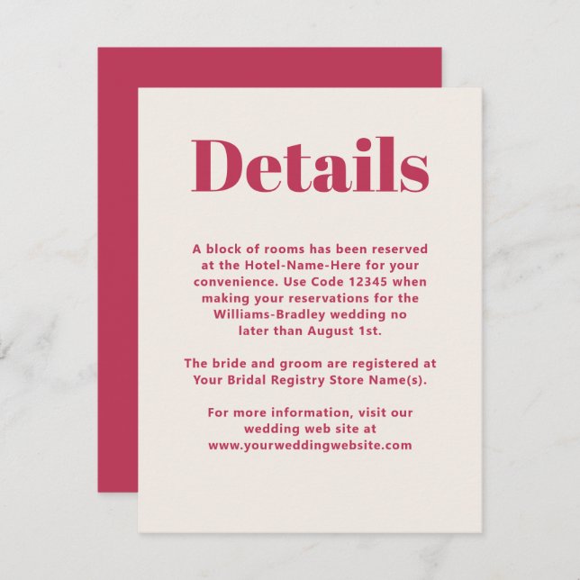 Simple Magenta Modern Minimalist Wedding Details Enclosure Card (Front/Back)