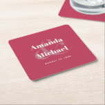Simple Magenta Modern Minimalist Wedding Square Paper Coaster<br><div class="desc">A stylish simple wedding or engagement coaster design in the popular colour choice - viva magenta with light ecru text. The bride and groom's names are featured in bold typeface with a large stylish ampersand joining their names. This contemporary text is paired with simple lettering showing the wedding date. The...</div>