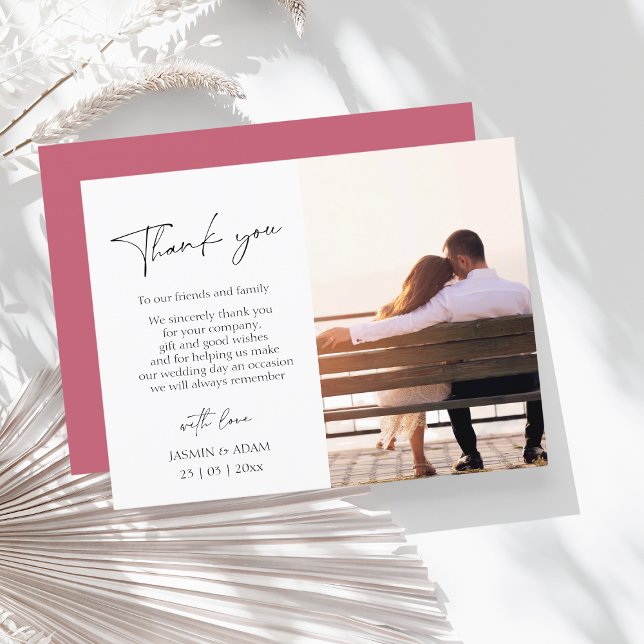 Simple Magenta Pink Script Photo Wedding Thank You Postcard (Creator Uploaded)