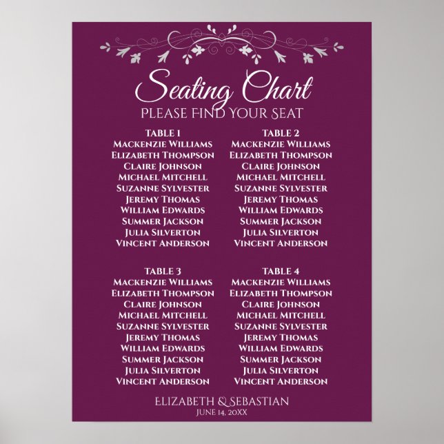 Simple Magenta Plum 4 Table Wedding Seating Chart (Front)