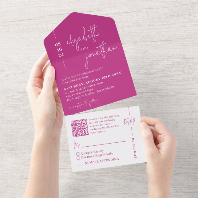 Simple Magenta QR Code Classy Script Wedding All In One Invitation (Tearaway)