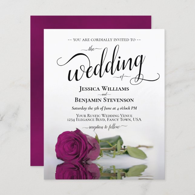 Simple Magenta Rose BUDGET Wedding Invitation (Front/Back)