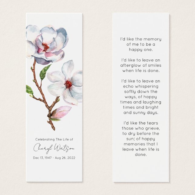 Simple Magnolia Funeral Memorial Bookmark (Front & Back)