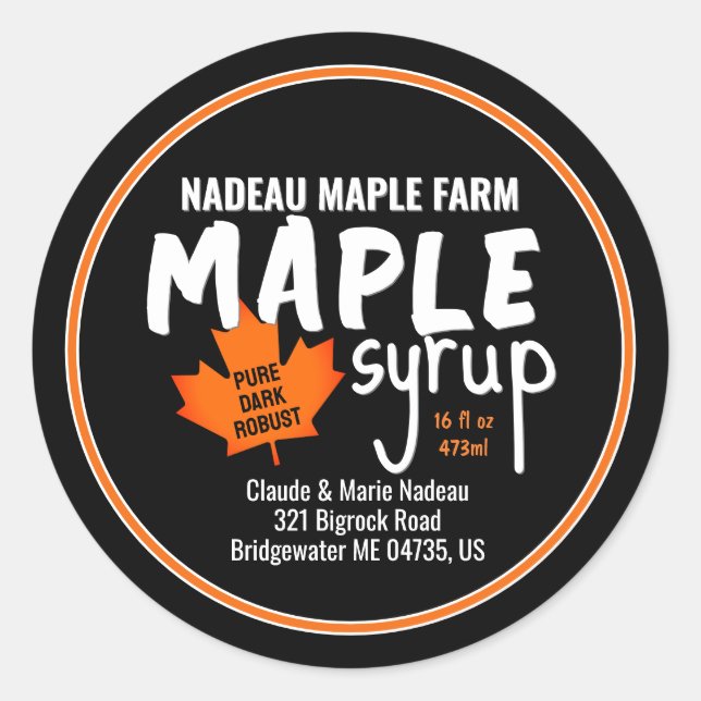 Simple Maple Syrup Jar or Jug Label Orange Leaf  (Front)
