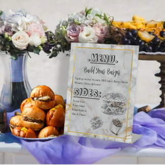 Simple Marble Gold Elegant Wedding Burger Menu Pedestal Sign