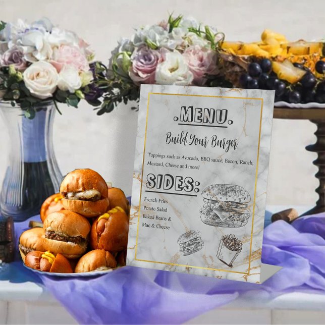 Simple Marble Gold Elegant Wedding Burger Menu Pedestal Sign (Creator Uploaded)