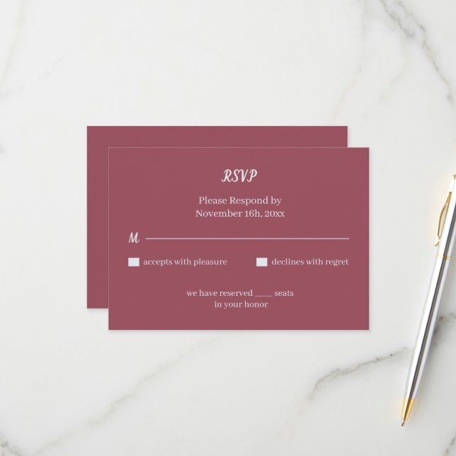 Simple Maroon Custom Wedding RSVP Card (Front/Back In Situ)