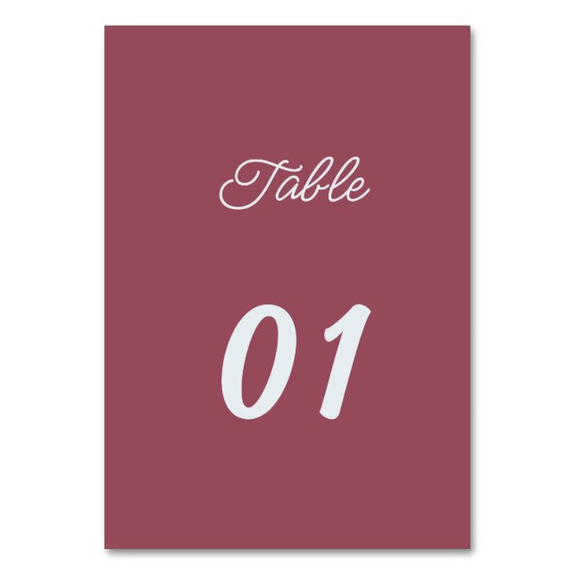 Simple Maroon Personalised Wedding Table Number (Front)