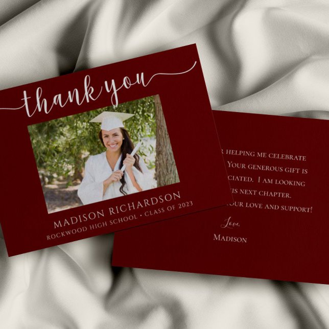 Simple Maroon & White Graduation Photo Thank You Card (Creator Uploaded)