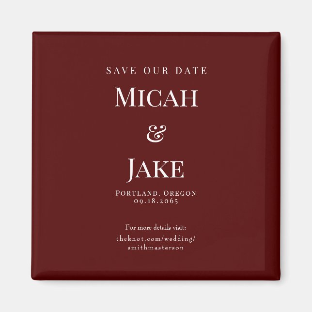 Simple Maroon & White Wedding Save our Date Magnet (Front)