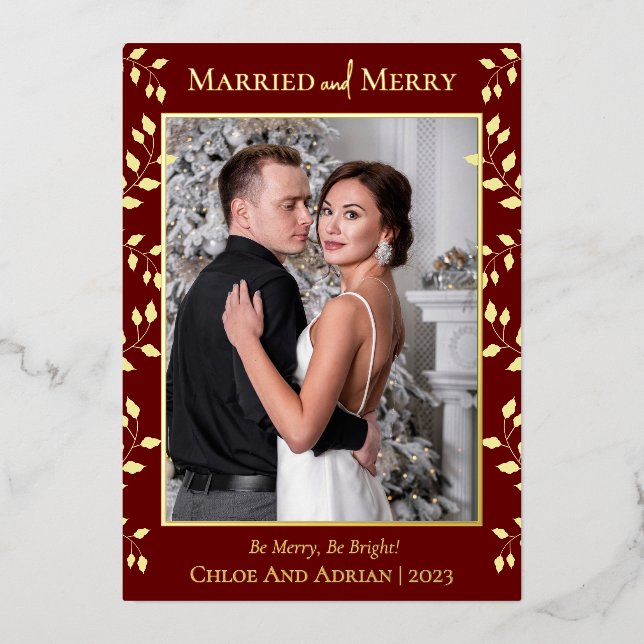 Simple Married and Merry Newlywed Christmas Photo (Front)
