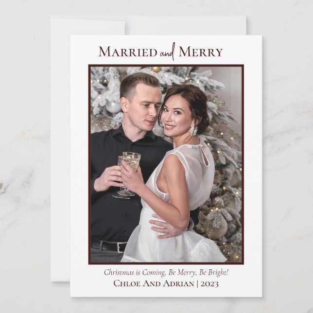 Simple Married and Merry Newlywed Christmas Photo Holiday Card (Front)