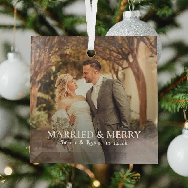 Simple Married & Merry Newlywed Photo, Christmas Glass Tree Decoration (Creator Uploaded)