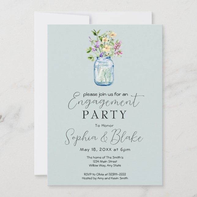Simple Mason Jar Bouquet Blue Engagement Party Invitation (Front)