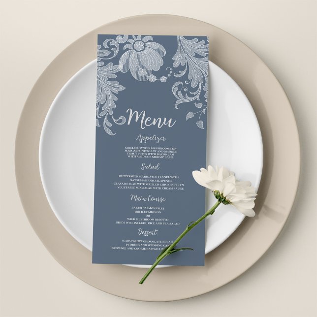 Simple mauve blue white floral lace Wedding Menu (Simple mauve blue white floral lace Wedding Menu )