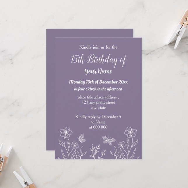 Simple mauve floral birthday invitation (Front/Back In Situ)