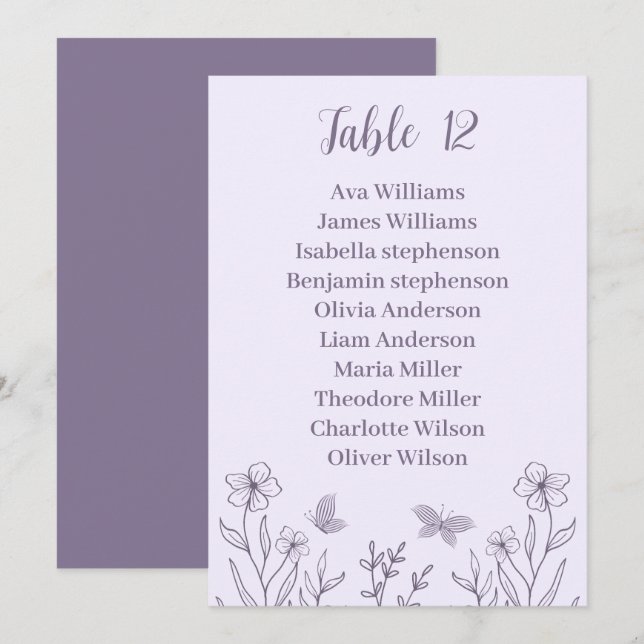 Simple mauve floral seating chart card (Front/Back)