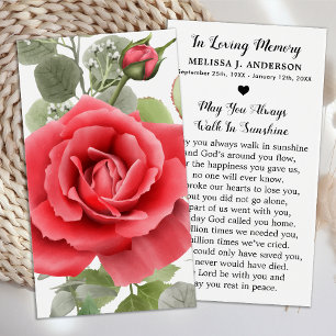 Simple Memorial Red Rose Funeral Prayer Card