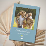 Simple Menorah Modern Family Photo Hanukkah Holiday Card<br><div class="desc">Modern Family Photo Hanukkah greeting card,  with a simple menorah on a trendy teal green background. With white customisable typography lettering,  you add your own information. You also add your own photo to make your card extra special. Great for sending loving wishes to friends and family this holiday season.</div>