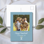 Simple Menorah Modern Family Photo Hanukkah Holiday Postcard<br><div class="desc">Modern Family Photo Hanukkah postcard card,  with a simple menorah on a trendy teal green background. With white customisable typography lettering,  you add your own information. You also add your own photo to make your card extra special. Great for sending well wishes to friends and family this holiday season.</div>