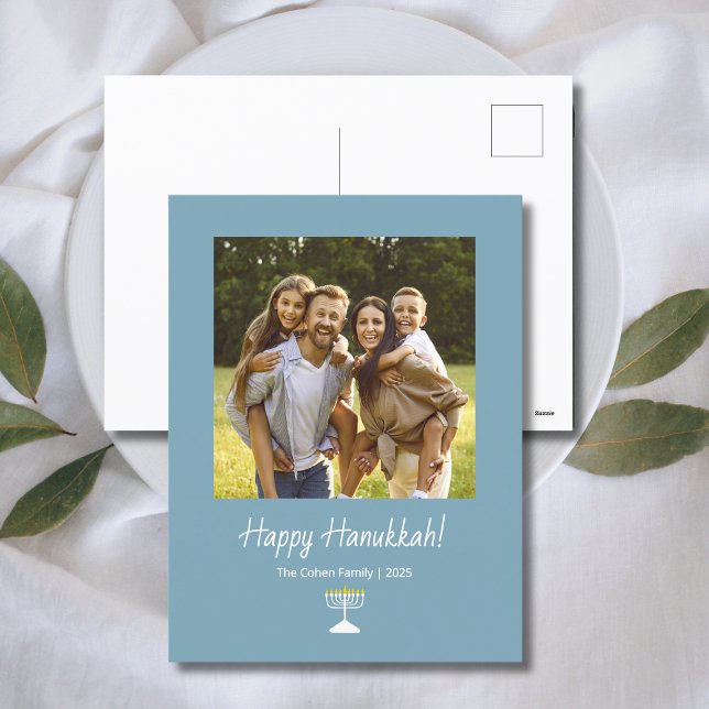 Simple Menorah Modern Family Photo Hanukkah Holiday Postcard (Creator Uploaded)