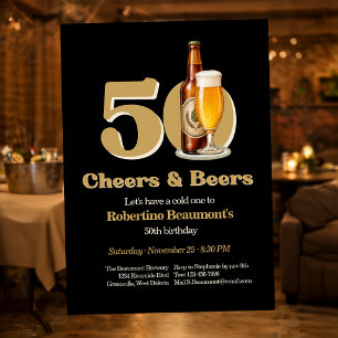 Simple Men's Cheers & Beers Black 50th Birthday Invitation