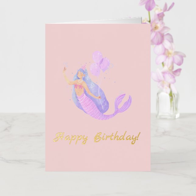 Simple Mermaid Birthday Pink Peach Foil Greeting Card (Orchid)
