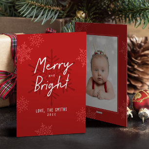 Simple Merry & Bright Script Snowflakes Christmas Holiday Card