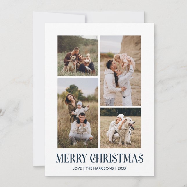 Simple Merry Christmas 4 Photo Collage | BLUE Holiday Card (Front)