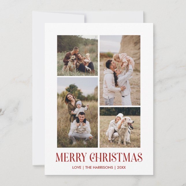 Simple Merry Christmas 4 Photo Collage | RED Holiday Card (Front)