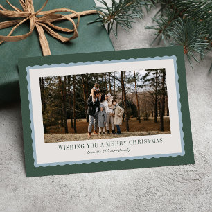 Simple Merry Christmas blue green frame photo Holiday Card