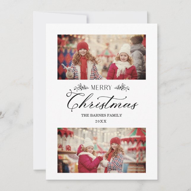 Simple Merry Christmas Botanical Branches 2 Photos Card (Front)