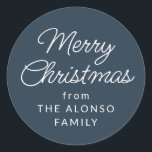 Simple Merry Christmas from navy blue holiday gift Classic Round Sticker<br><div class="desc">This simple maroon red Christmas present label features an editable classic script Merry Christmas along with a from in simple white type. This festive holiday gift sticker is designed to coordinate with the Lea Delaveris Design Home for the Holidays collection but works well with a variety of other designs. Use...</div>