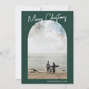 Simple Merry Christmas Green Arch Photo Family Holiday Card